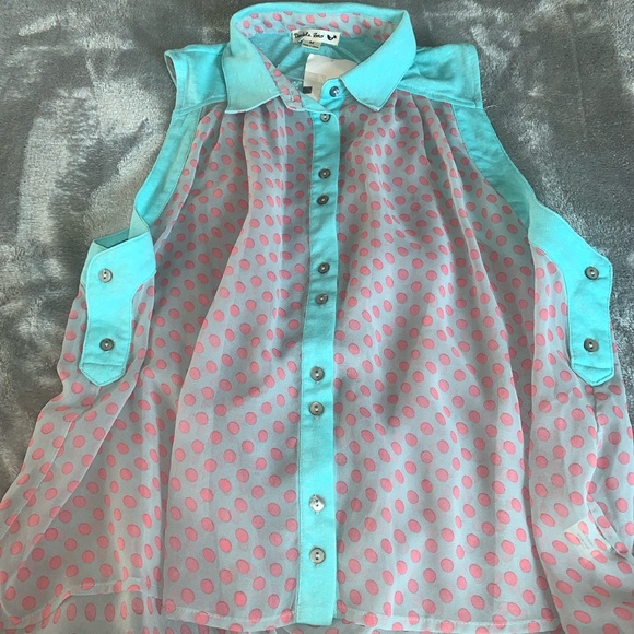 Double Zero Aqua Pink Polka Dot Sheer Blouse Hi Low Size Medium - Picture 3 of 8